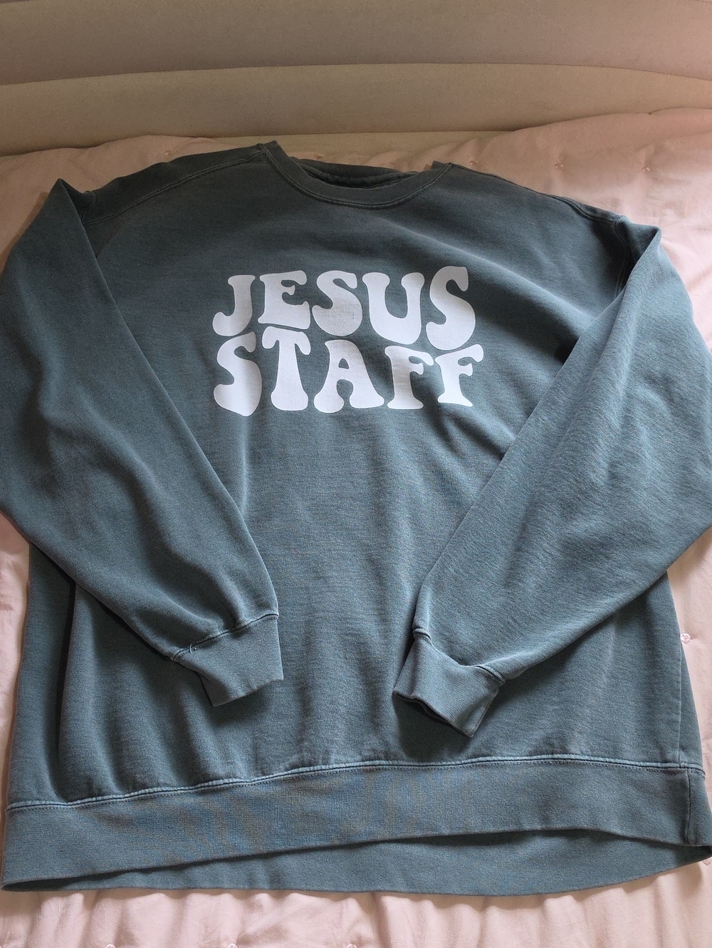 Classic Crewneck Sweatshirt - Slate Green with White 'JESUS STAFF' Print